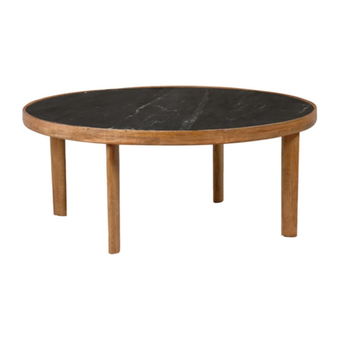 Table basse ronde en bois de manguier massif et plateau marbre noir - JENA