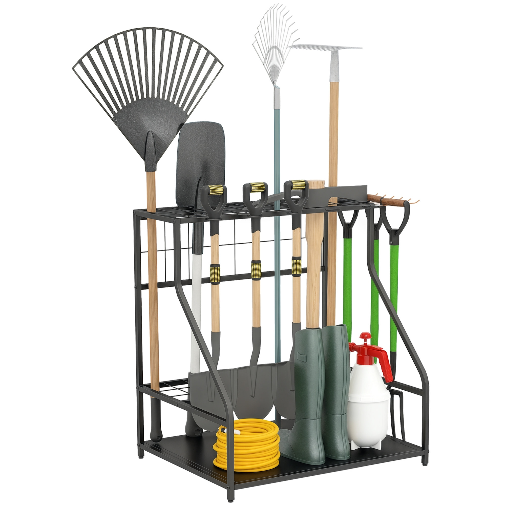 Organizador de Herramientas de Jardín, Estantería de Almacenamiento de 3 Niveles para Garaje con Ganchos, para Palas, Rastrillos, Escobas, Soporte de Metal