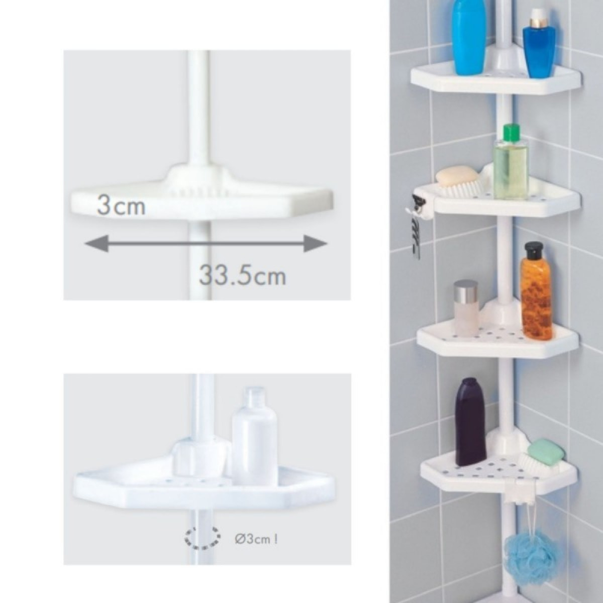 Etagère de douche d'angle auto-portée 135-260cm Blanc telescopique - Sans perçage - 4 tablettes MSV