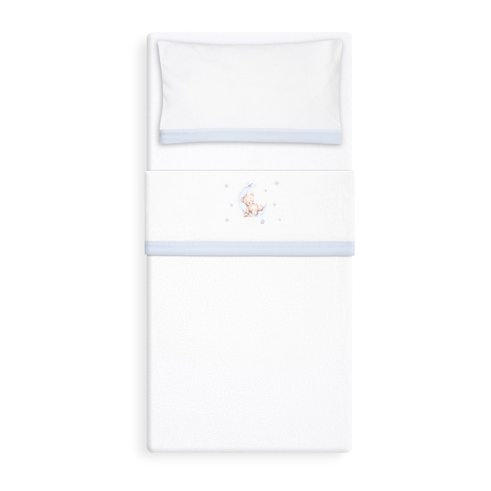 Triptico Cuna Coralina Estampado Oso Luna Estrellas + Broche Bco/Azul