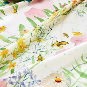Nappe lin & coton lavé 150 g/m² imprimé rose vert Rosee du matin printemps