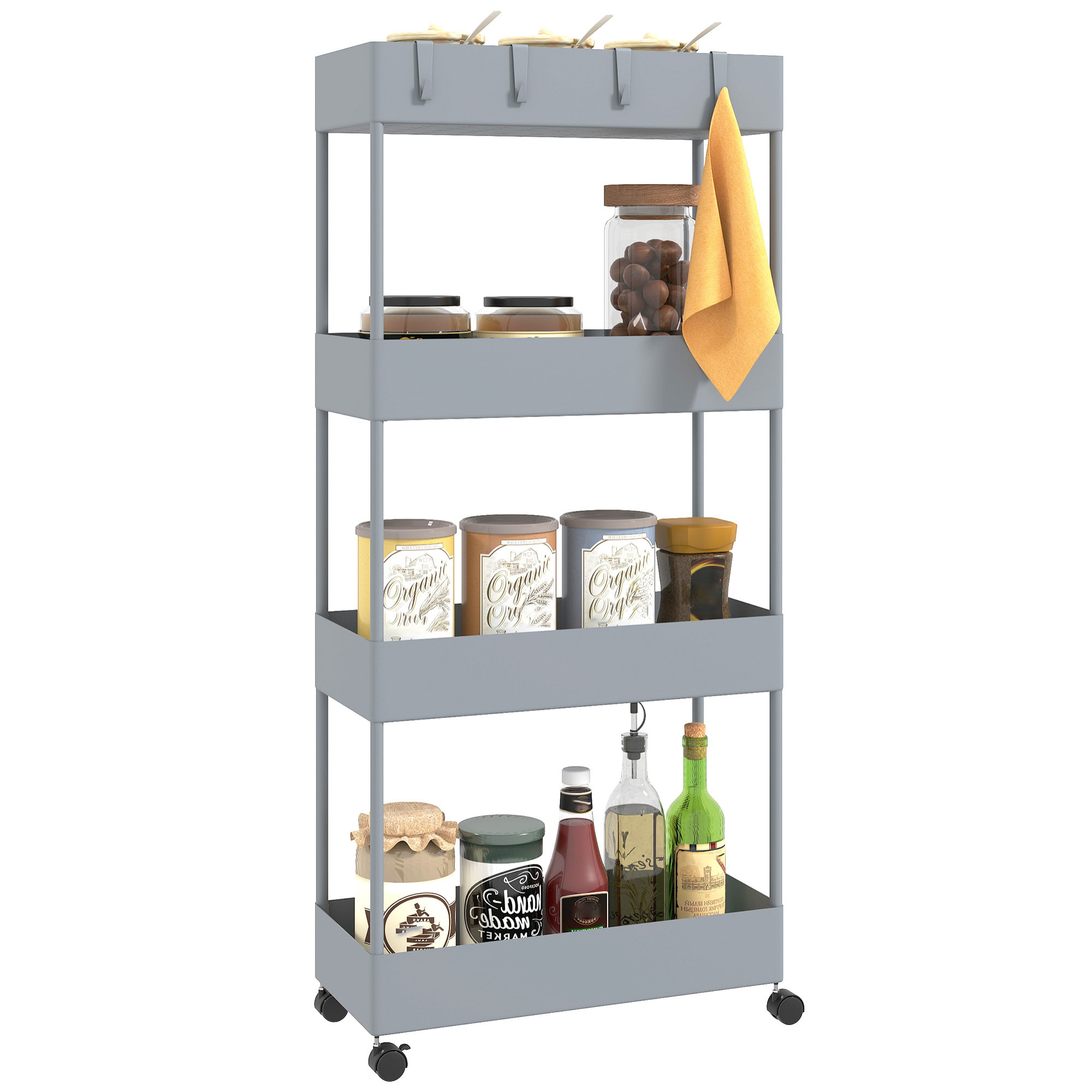 Carro de Cocina de Almacenamiento de 4 Niveles Carrito Auxiliar con Ruedas 4 Cestas y 4 Ganchos Extraíbles Carrito de Cocina para Comedor Baño Salón 40x19x90 cm Gris