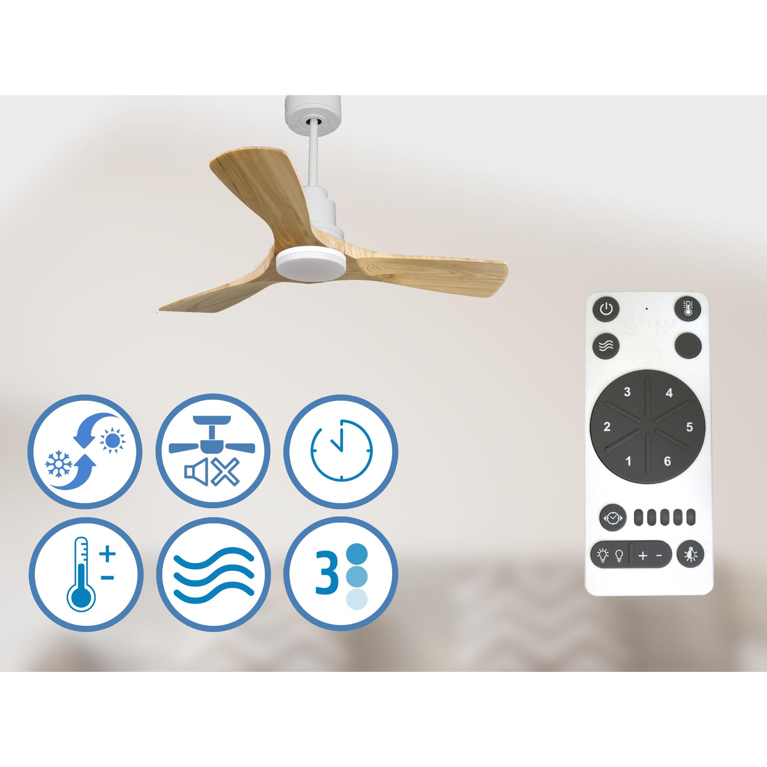 Ventilador de techo Modo Invierno/Verano Termostato Dimable Wifi Motor DC Techos Inclinados Mando a Distancia Luz tres tonos Hypersilence Memoria Vendible Shopify (AUTOMATICO) RarotongaD106C04LED64464 PURLINE