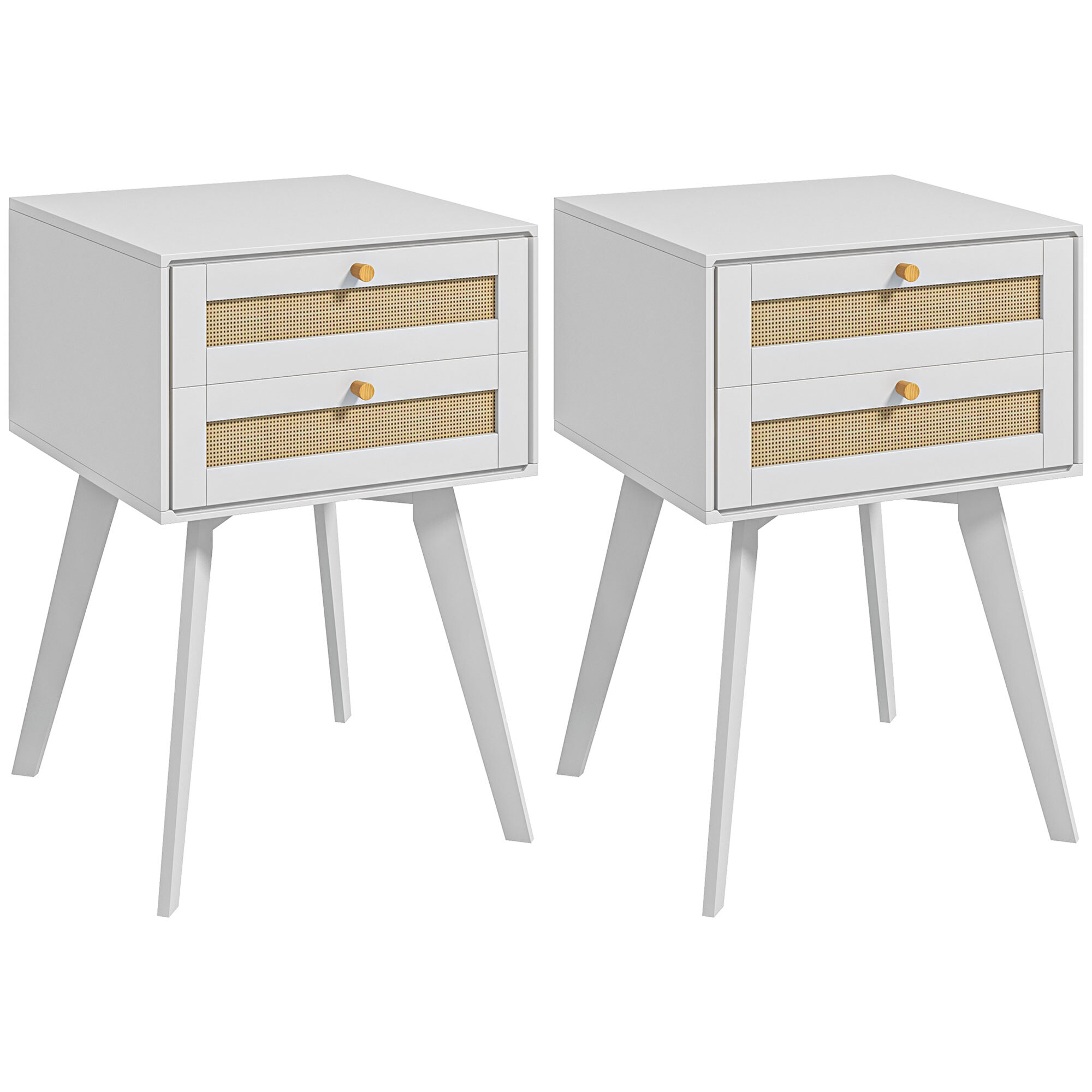 Conjunto de 2 Mesitas de Noche Mesillas de Noche Estilo Cannage con 2 Cajones y Elemento de Ratán Mesitas Auxiliares Pequeñas para Dormitorio Salón 40x40x60 cm Blanco