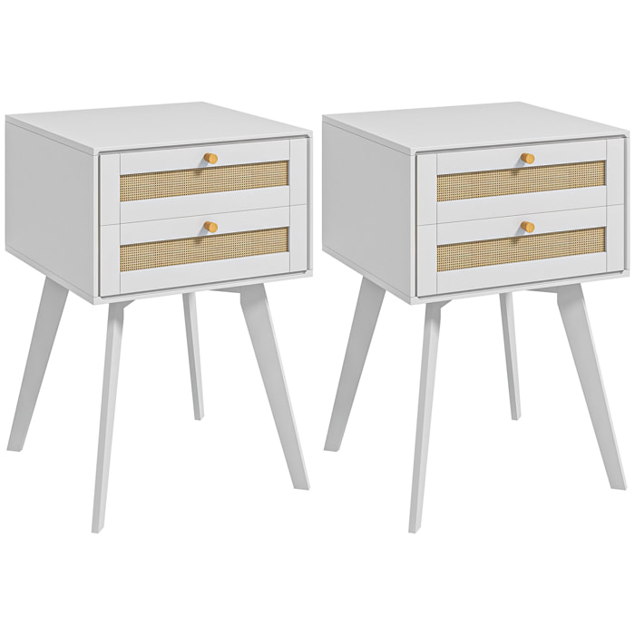 Conjunto de 2 Mesitas de Noche Mesillas de Noche Estilo Cannage con 2 Cajones y Elemento de Ratán Mesitas Auxiliares Pequeñas para Dormitorio Salón 40x40x60 cm Blanco
