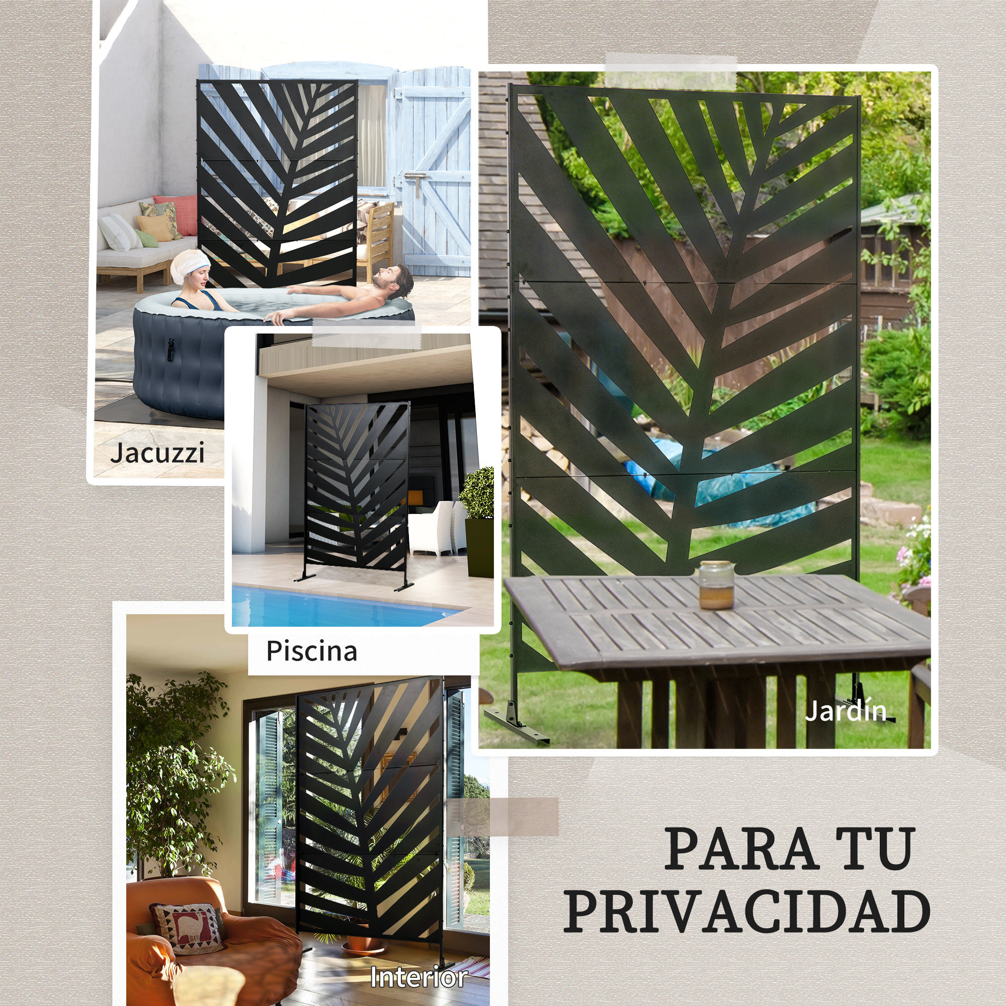 Biombo de 3 Piezas Biombo Separador de Ambientes con Diseño de Hoja de Plátano Biombo para Exterior Jardín Patio Terraza 122x45x198 cm Negro