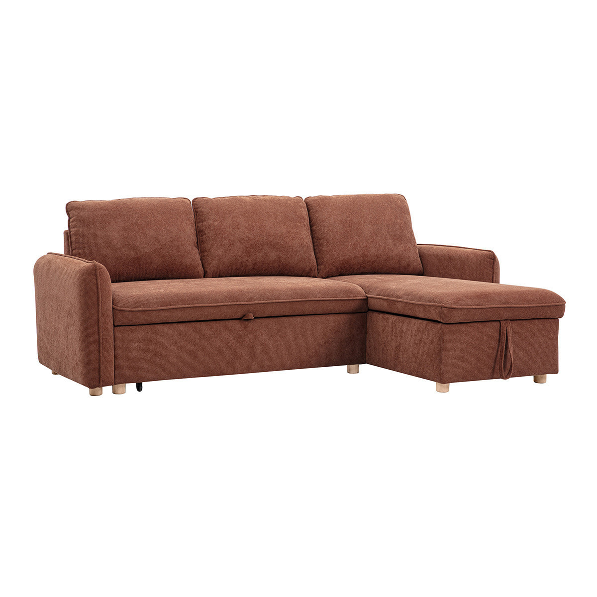 Canapé d'angle convertible réversible avec coffre 3 places en tissu chenille terre brûlée et bois clair ORSO