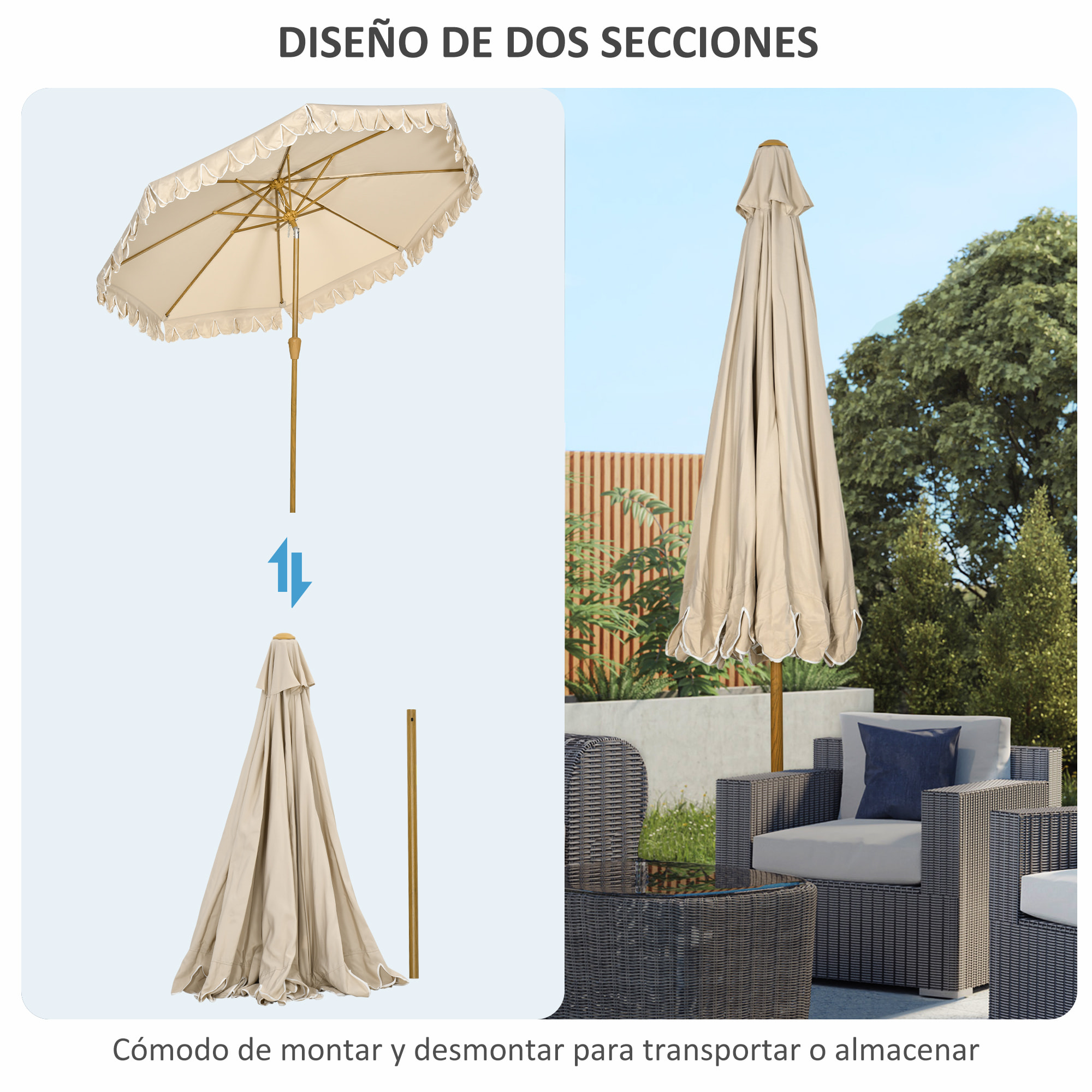 Sombrilla de Terraza Ø264x240 cm Parasol de Jardín con Ángulo Ajustable Manivela y Volantes Impermeable para Playa Patio Balcón Caqui