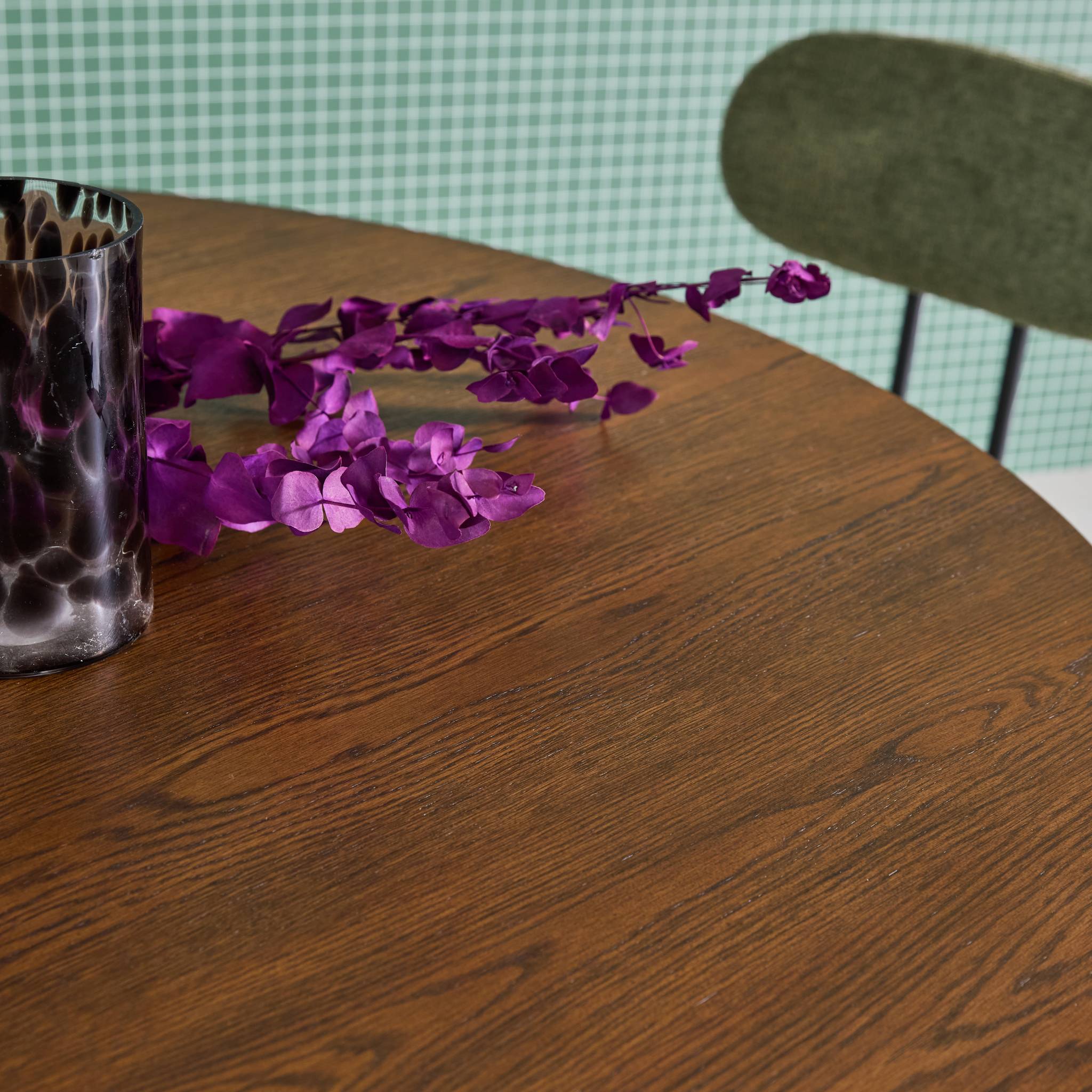 Table à manger ronde bois d'hévéa et placage chêne noyer 4 places 130cm - Leonore