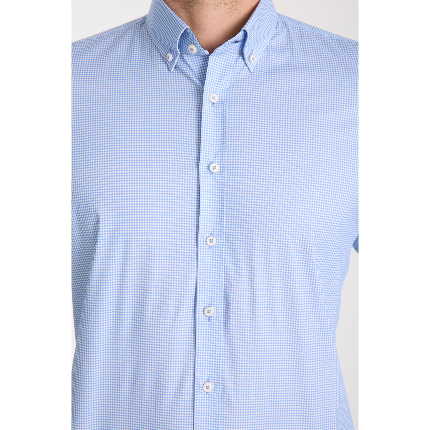 camicia uomo 1 bottone button down slim Popeline Stretch Quadro Piccolo Blu Inchiostro\Bianco