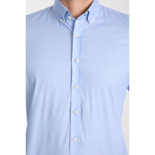 camicia uomo 1 bottone button down slim Popeline Stretch Quadro Piccolo Blu Inchiostro\Bianco