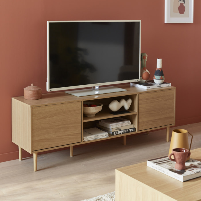 Meuble TV décor bois - Mika - 2 niveaux. 3 étagères. 2 portes. L 160 x l 40 x H 56cm