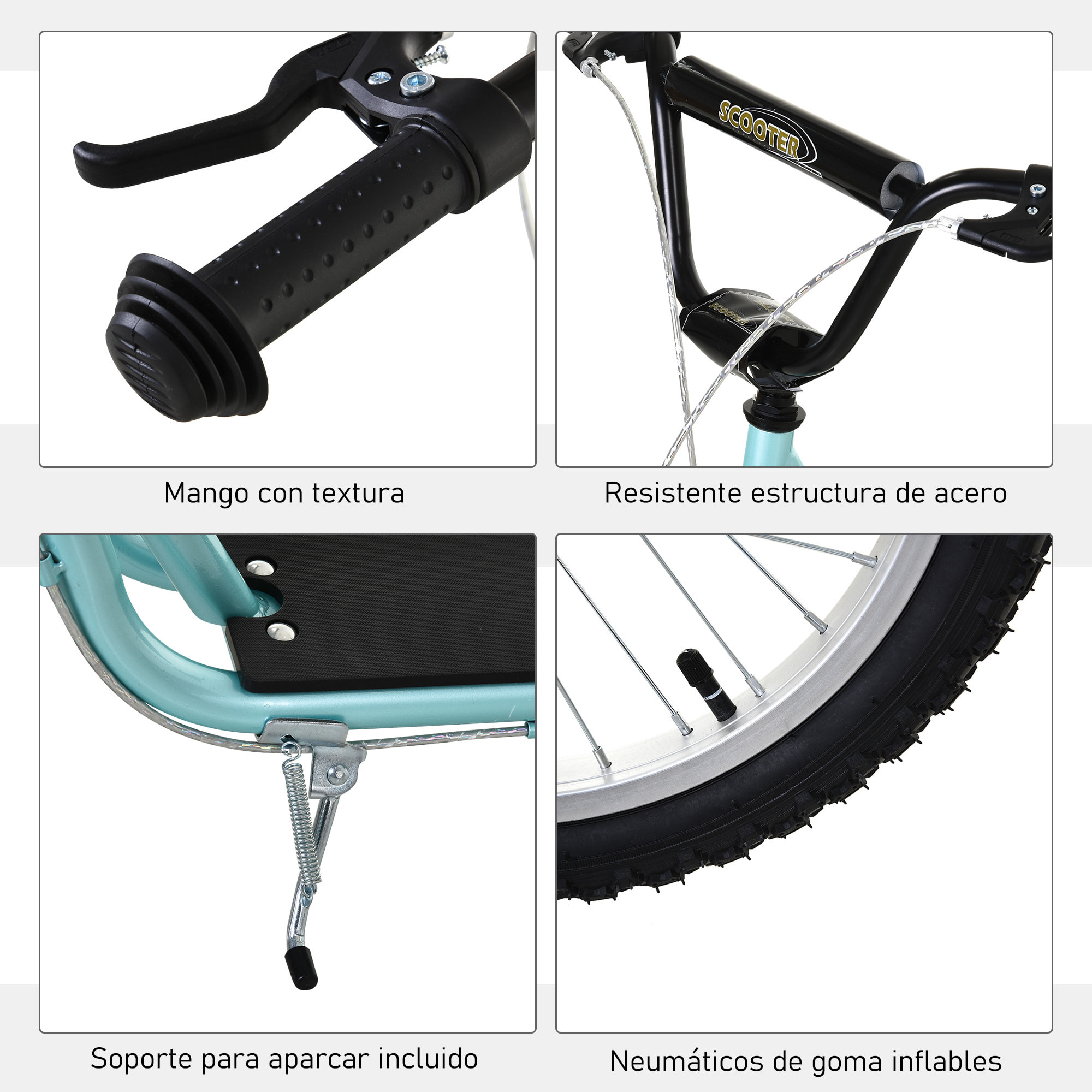 Patinete para Niños +5 Años, Patinete Infantil de 2 Ruedas, con Manillar Ajustable en Altura, 2 Neumáticos de Caucho Inflable, Doble Freno, Carga 100 kg, 139x58x90-96 cm, Azul Claro