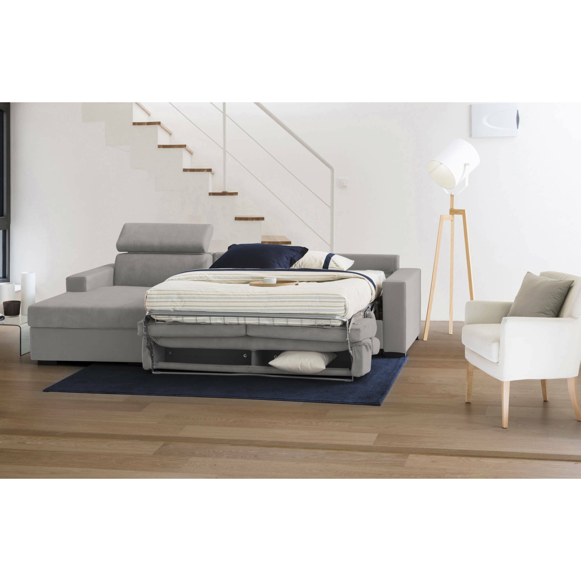 Divano Letto Alda, Divano ad angolo, 100% Made in Italy, Sofà con apertura girevole, con Penisola contenitore Sinistra, con Braccioli standard, Cm 280x95h85, Grigio