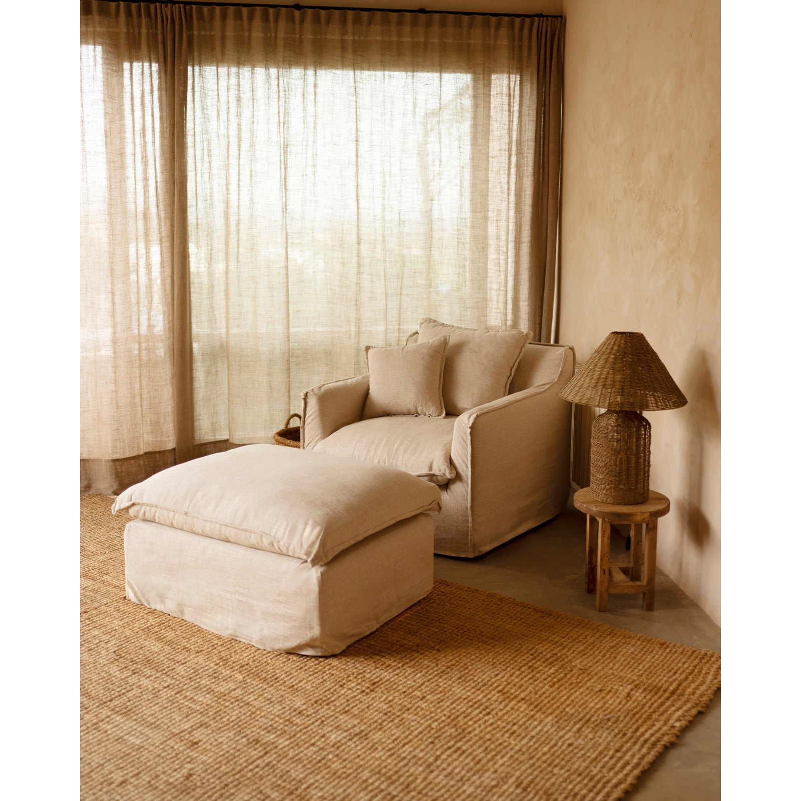Fauteuil en coton et lin déhoussable ton beige de 98x90cm Hauteur: 81 Longueur: 98 Largeur: 90