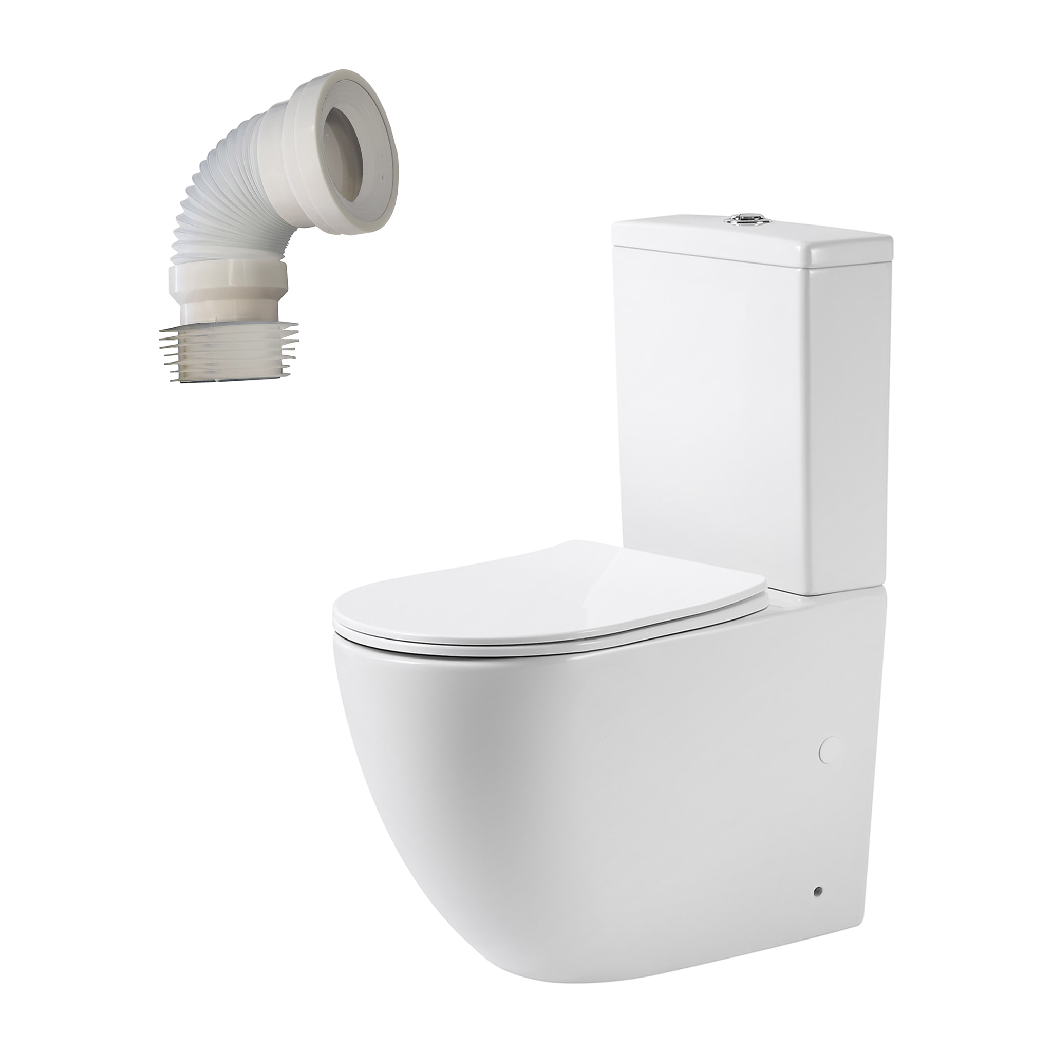 Pack WC A3 + Manguito conector | Inodoro de ceramica | Manguito extensible 150-470mm | WC con Tapa amortiguada | Doble descarga | Salida dual | Alday