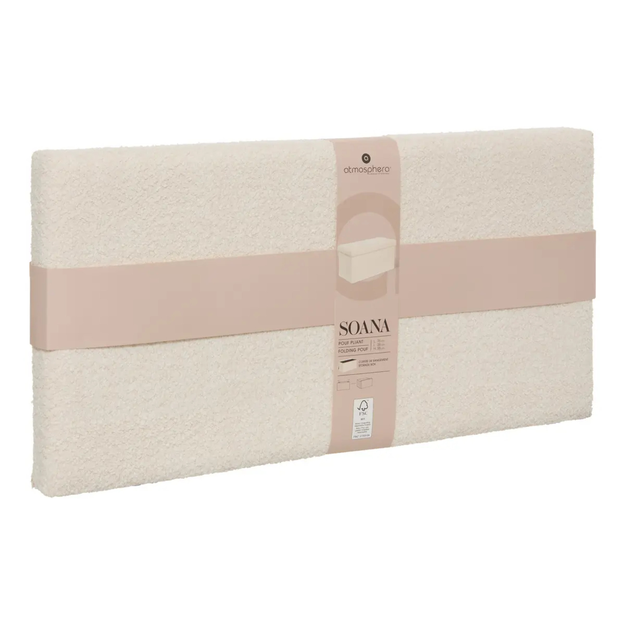 Pouf Pliable Coffre Soana en Bouclette Ivoire 76x38cm