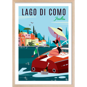 Poster retro lac de côme Affiche + cadre en bois - Chêne