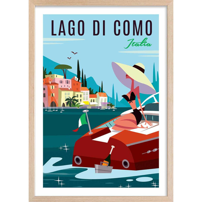 Poster retro lac de côme Affiche + cadre en bois - Chêne