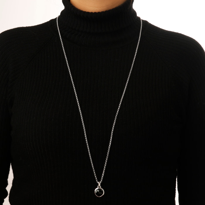 Collana Lunga Catena Rolo White con Pendente Tondo in Onice Nero Sfaccettato