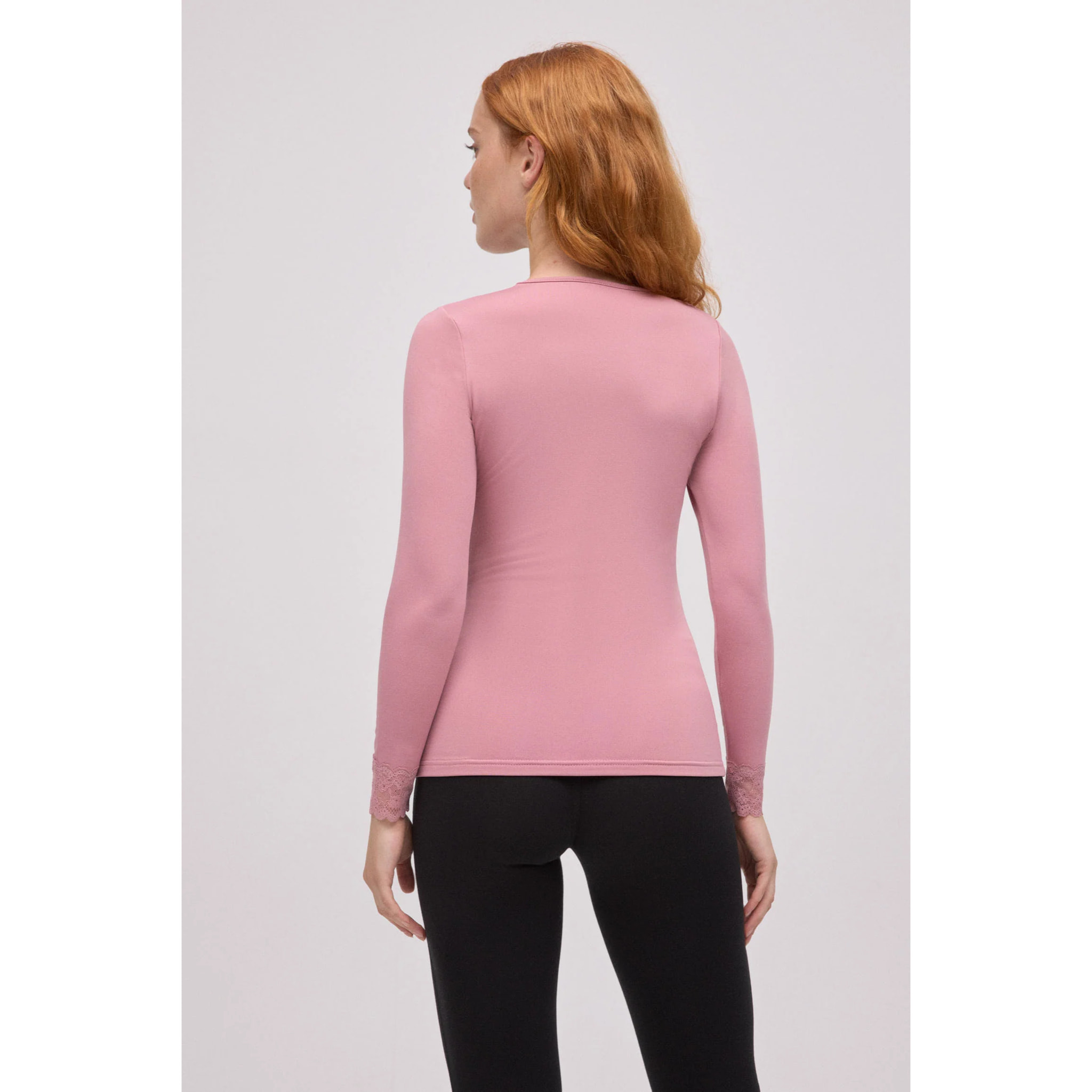 Maglietta termica con scollo a V e dettagli in pizzo rosa