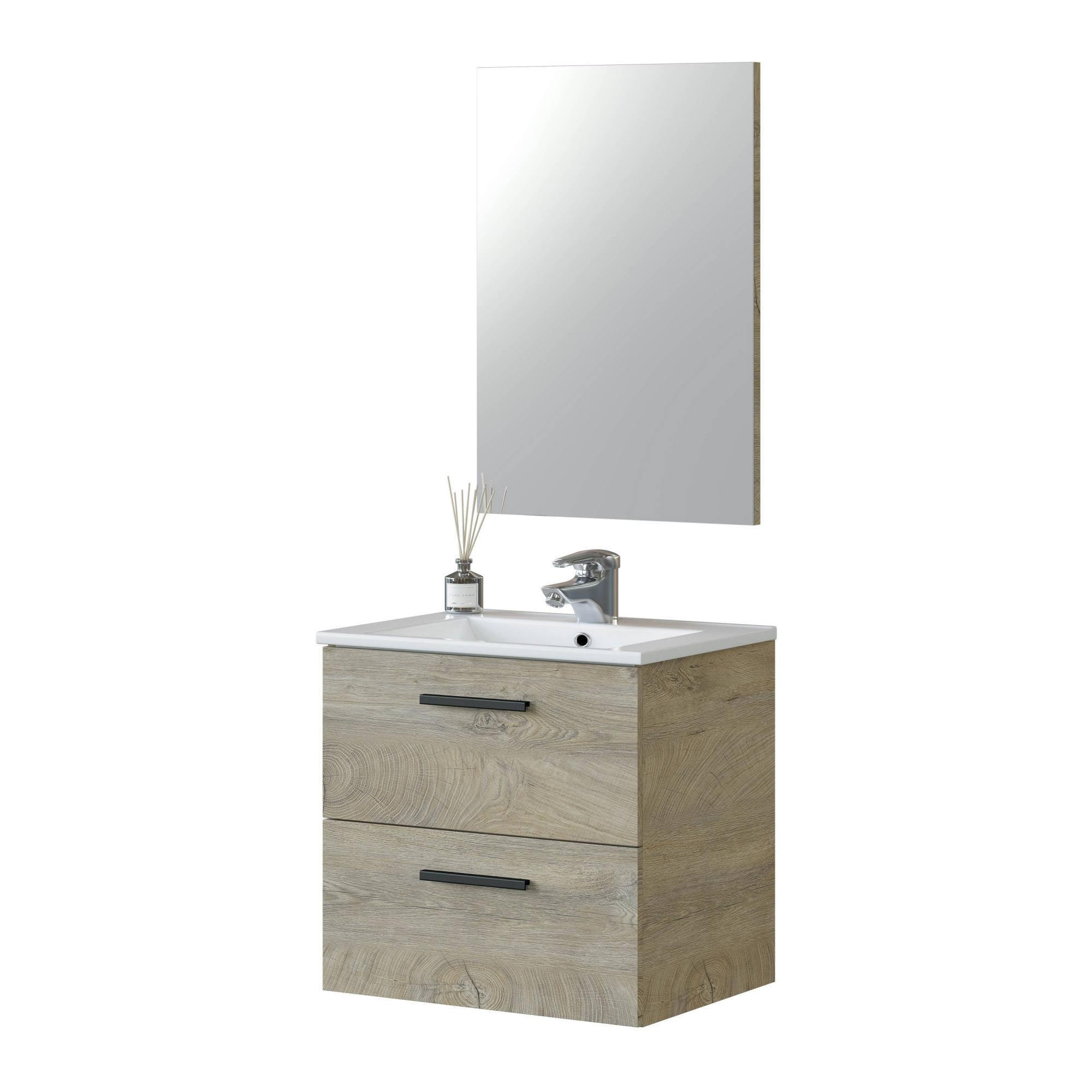 Mobile sottolavabo Fontana, Mobiletto per bagno a 2 cassetti, Armadietto sospeso con specchio, lavabo non incluso, cm 60x45h57, Rovere