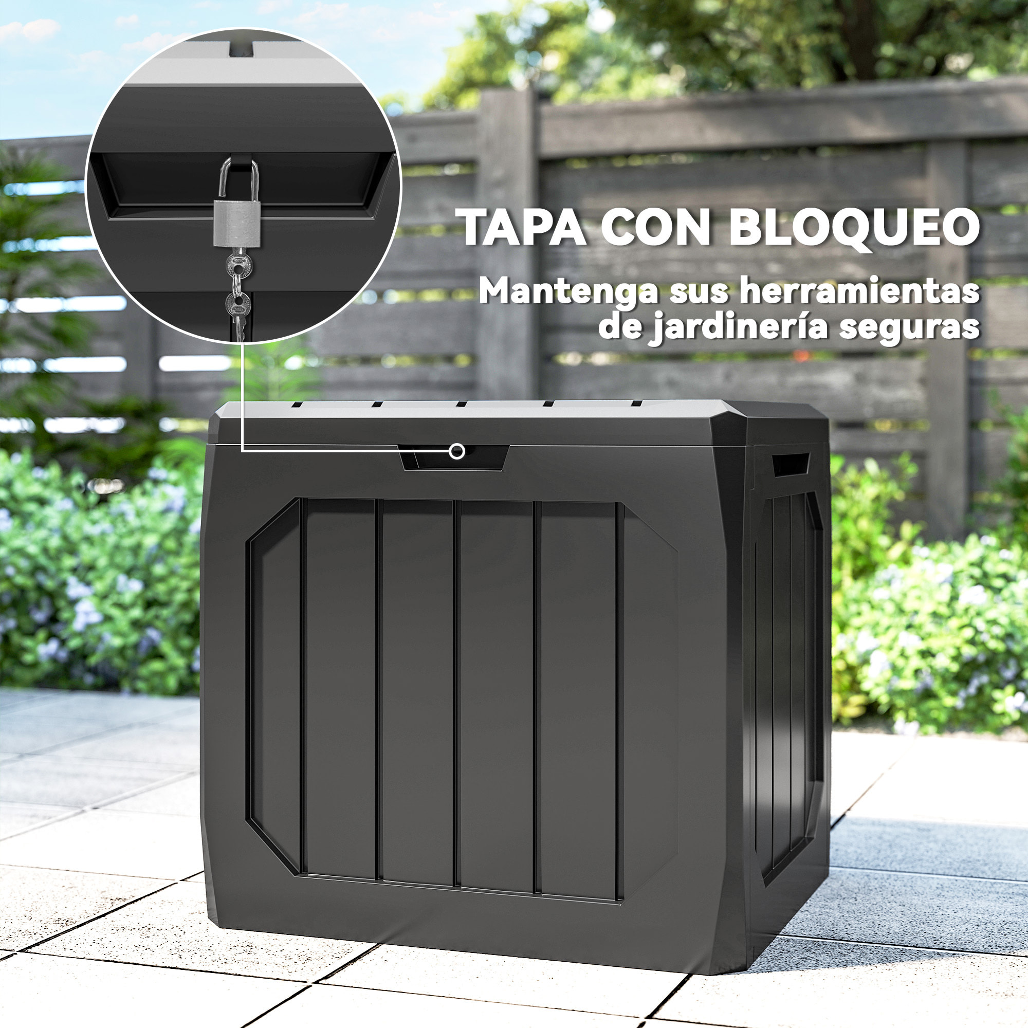 Arcón Exterior Capacidad 121L, Baúl Almacenaje Exterior de Plástico con 2 Asas y Tapa Bloqueable, Impermeable, Resistente a la Intemperie, para Jardín, Terraza, Patio, 56x45x53 cm, Negro