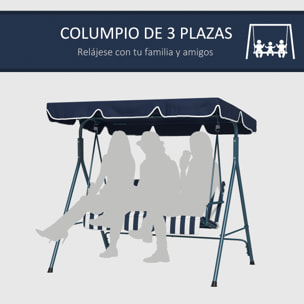 Columpio Balancín de Jardín Exterior de 3 Plazas con Cojín Techo Ajustable y Marco de Acero para Balcón Terraza Patio Carga Máx. 240 kg 172x110x153 cm Raya Azul