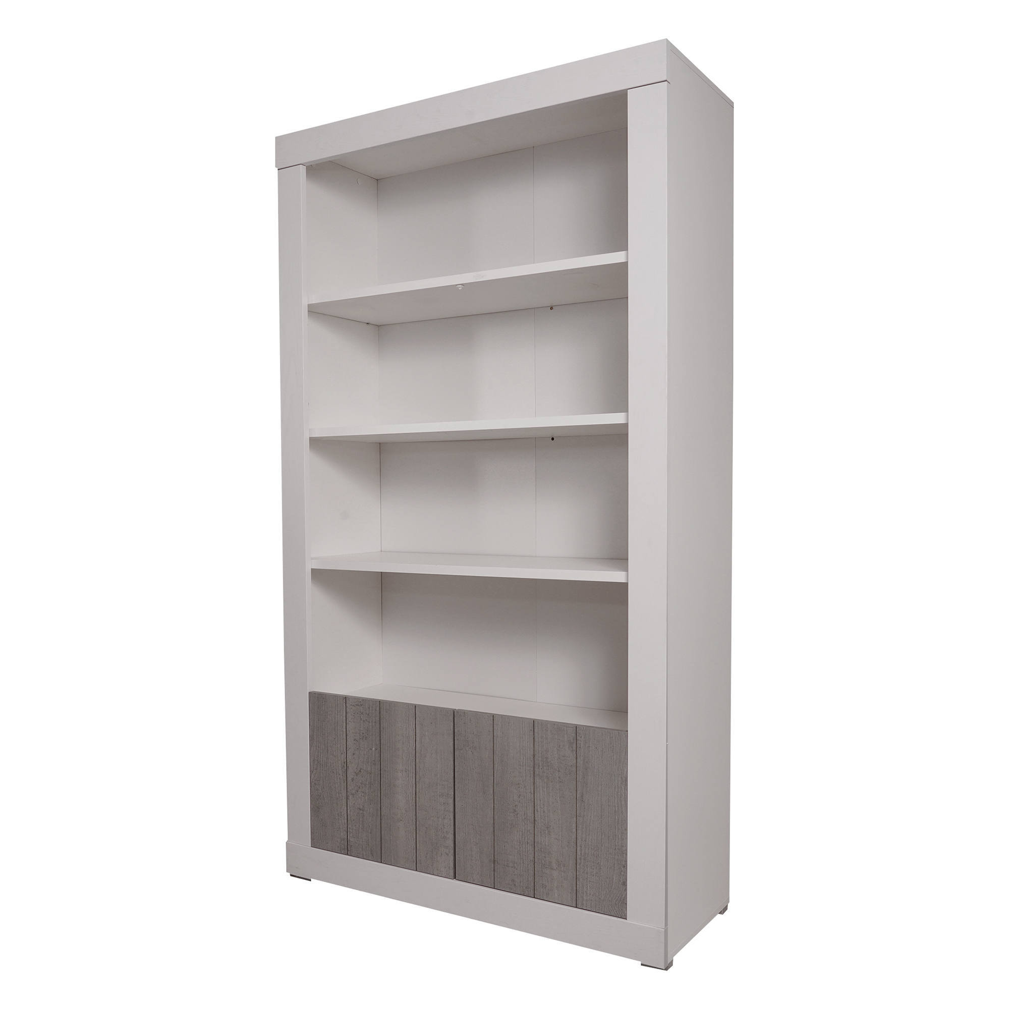 Libreria alta con 4 ripiani e 2 ante, Scaffale per libri e documenti, Libreria portaoggetti da ufficio, cm 105x42h191, colore Bianco e Cemento