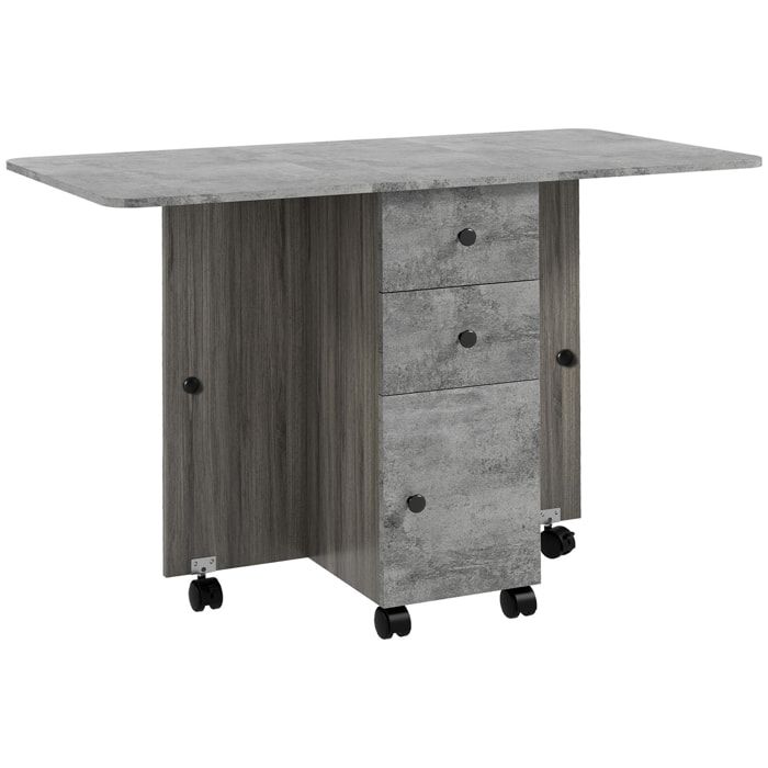 Table pliable de cuisine salle à manger - 2 tiroirs, placard, niche - panneaux aspect bois béton ciré gris