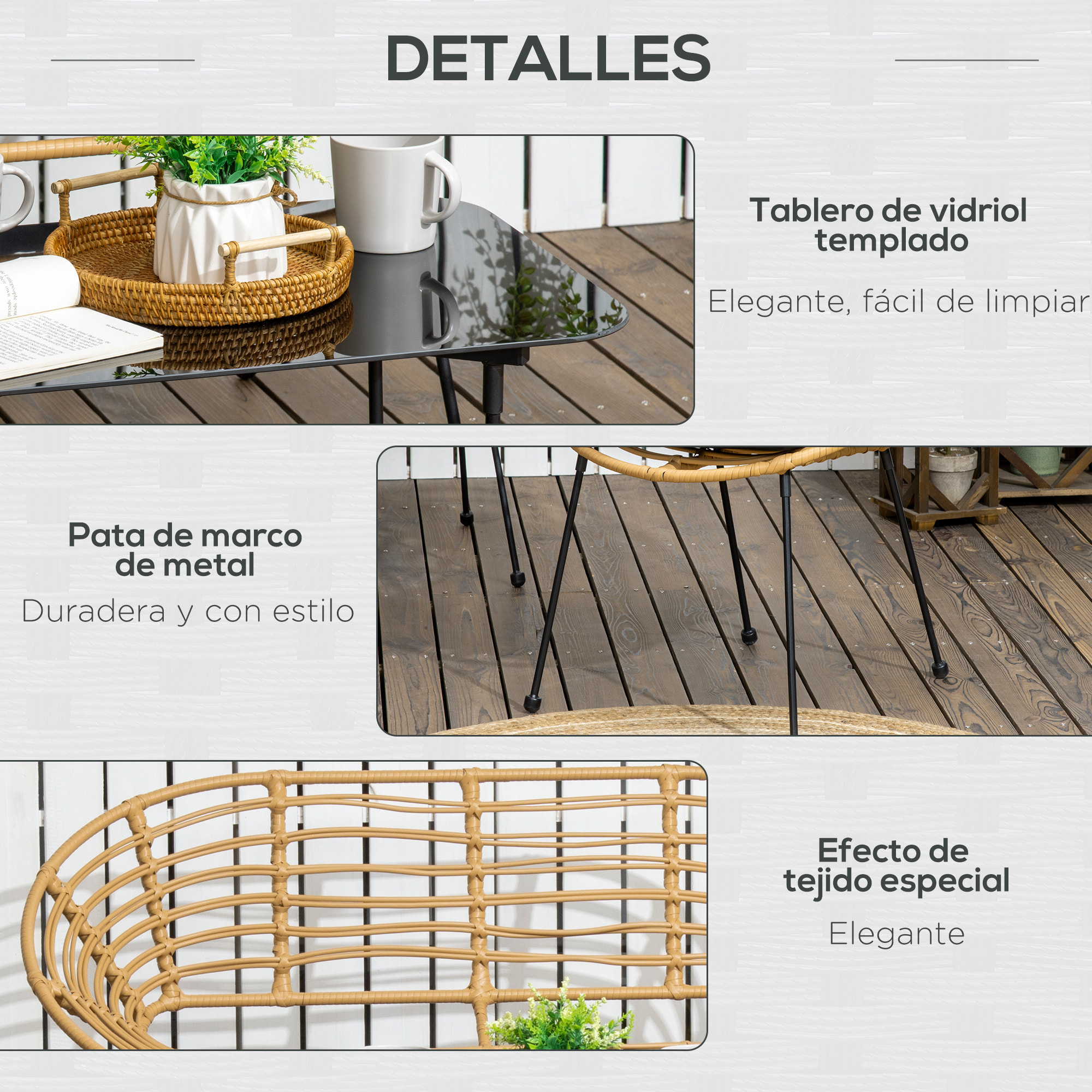 Conjunto de Jardín Exterior de Ratán Sintético de 4 Piezas Muebles de Jardín Exterior Incluye 1 Sofá Doble 2 Sillones y Mesa de Vidrio con Cojines Natural y Negro