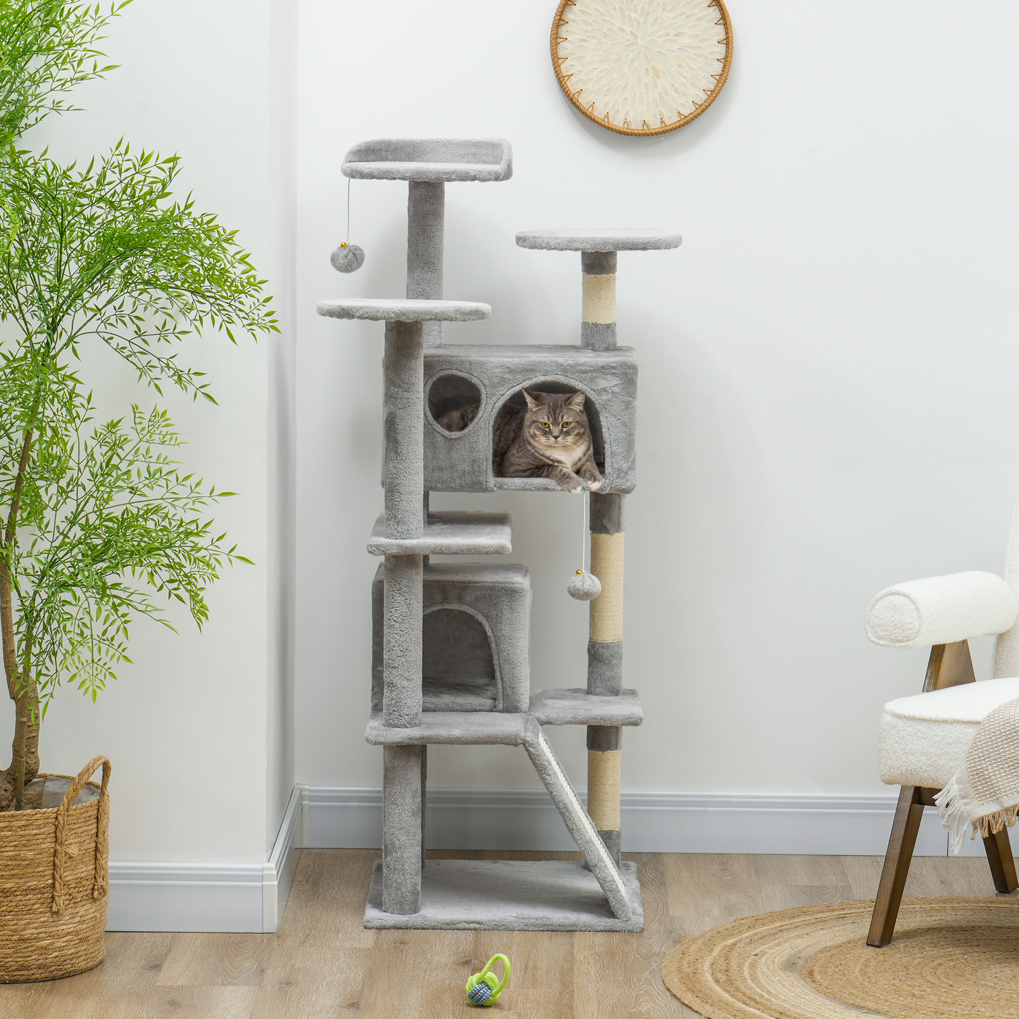 Arbre à chat 2 niches grattoir griffoirs plate-formes 2 niches 2 jouets pompons peluche grise