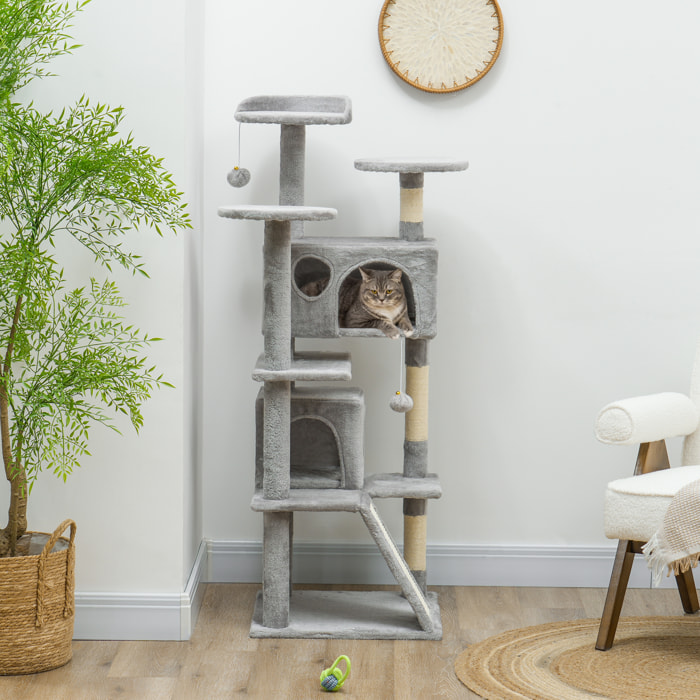 Arbre à chat 2 niches grattoir griffoirs plate-formes 2 niches 2 jouets pompons peluche grise