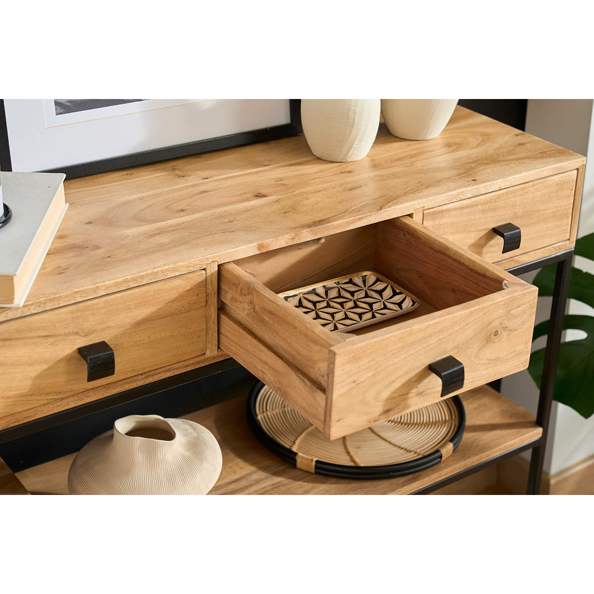 Console industrielle avec rangements 4 tiroirs en bois massif et métal noir L115 cm GRENELLE