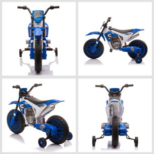 Moto cross électrique enfant 3 à 5 ans 12 V 3-8 Km/h  avec roulettes latérales amovibles dim. 106,5L x 51,5l x 68H cm bleu