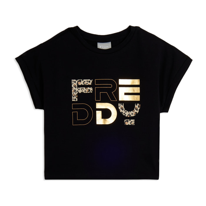 T-shirt Junior con maniche ad aletta e logo animalier e oro
