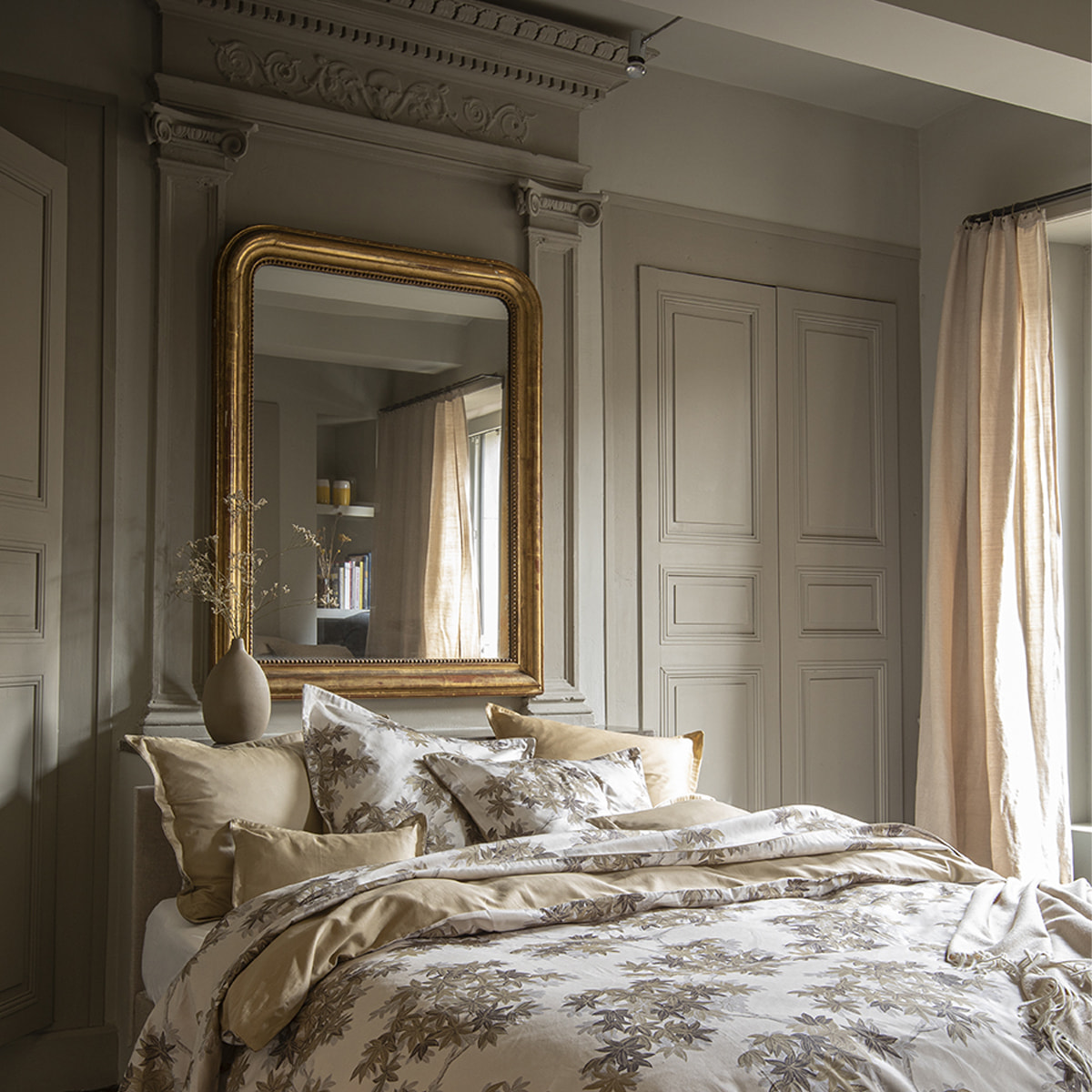 Drap plat imprimé en satin de coton bio, HALATTE, Beige Désert