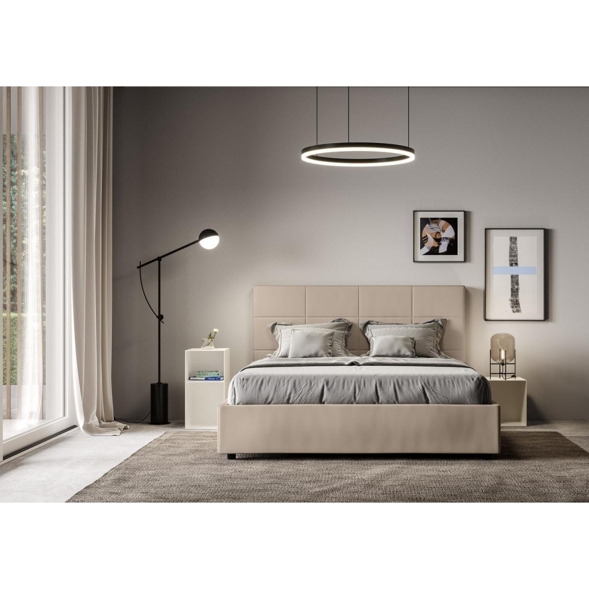 Cama sin somier acolchada 160x200 cuero sintético gris paloma Mika