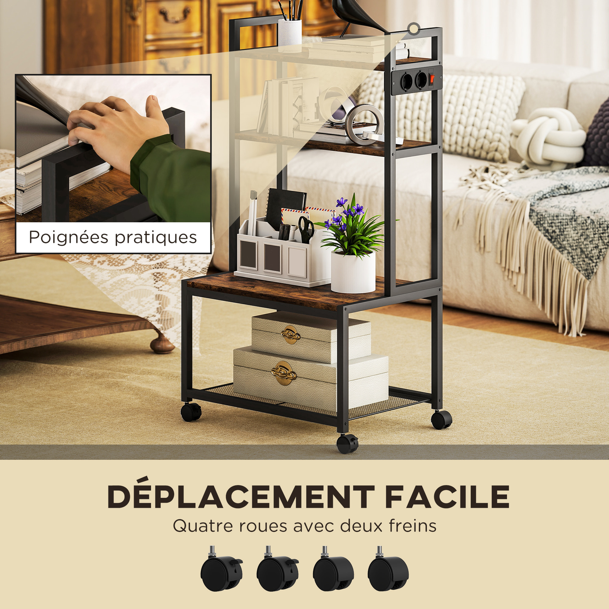 Support d'imprimante meuble photocopieur 2 prises secteur intégrées roulettes 4 étagères