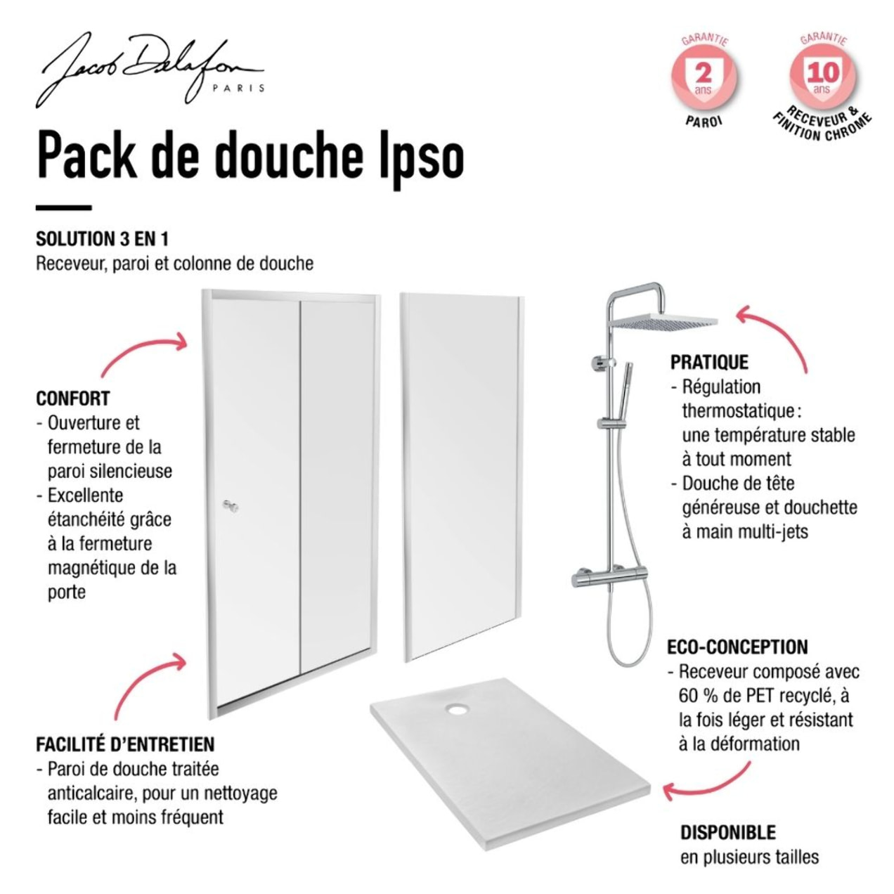 Receveur douche Ipso 90 x 90 + paroi porte d'angle coulissante + colonne douche