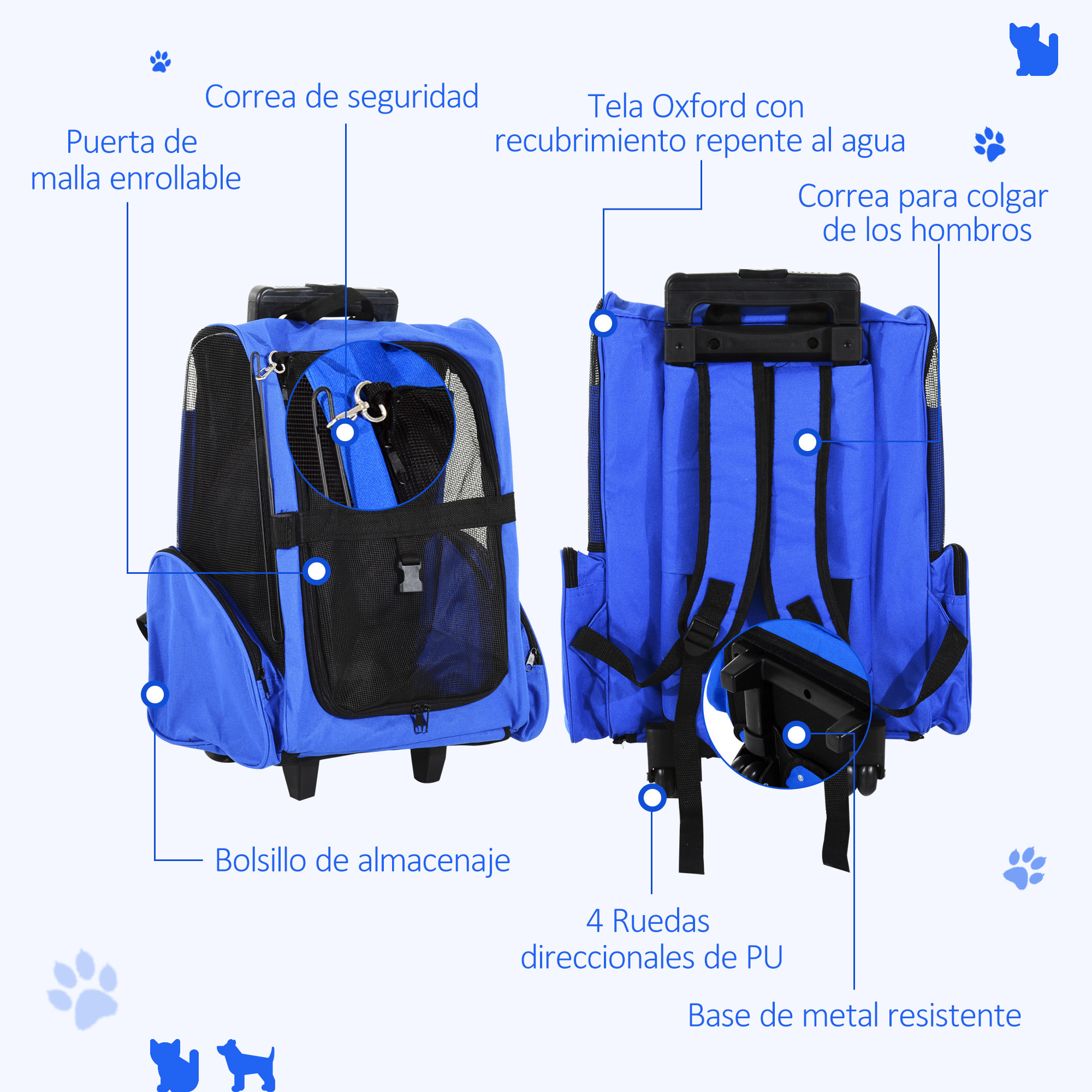 Transportin Carrito para Mascotas de Oxford 36x30x49cm Azul