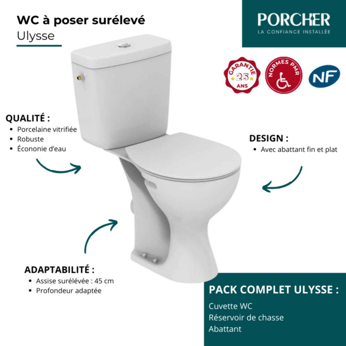PORCHER WC à poser surelevé PMR Ulysse + abattant