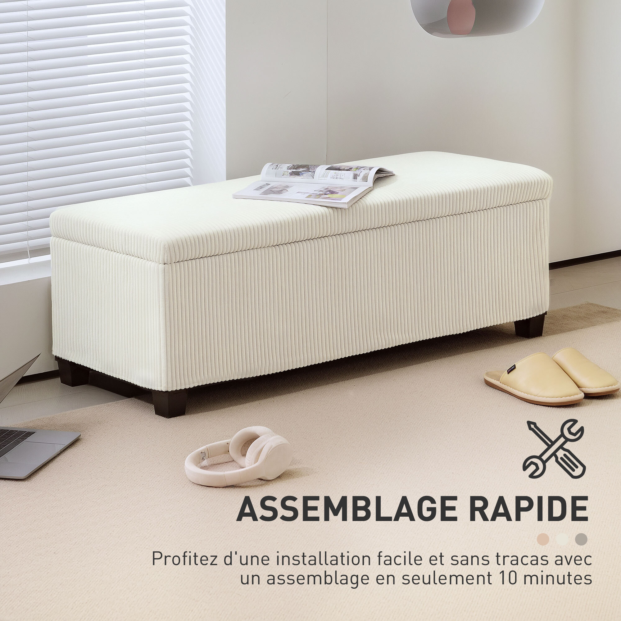 Banquette coffre design velours côtelé - dim. 112 x 42 x 40 cm rangement 84L - beige clair