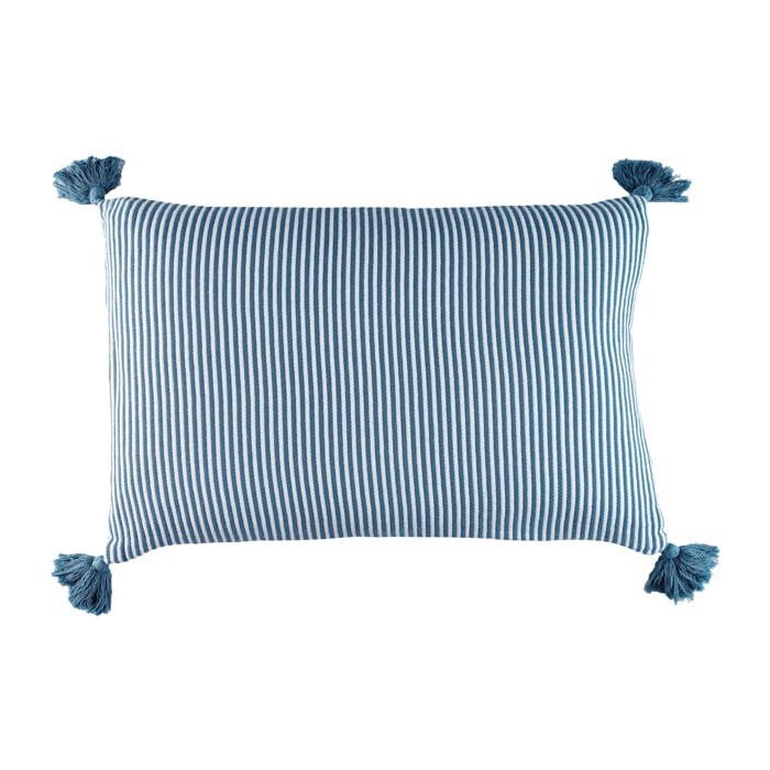 Coussin rayé à pompons - Bleu