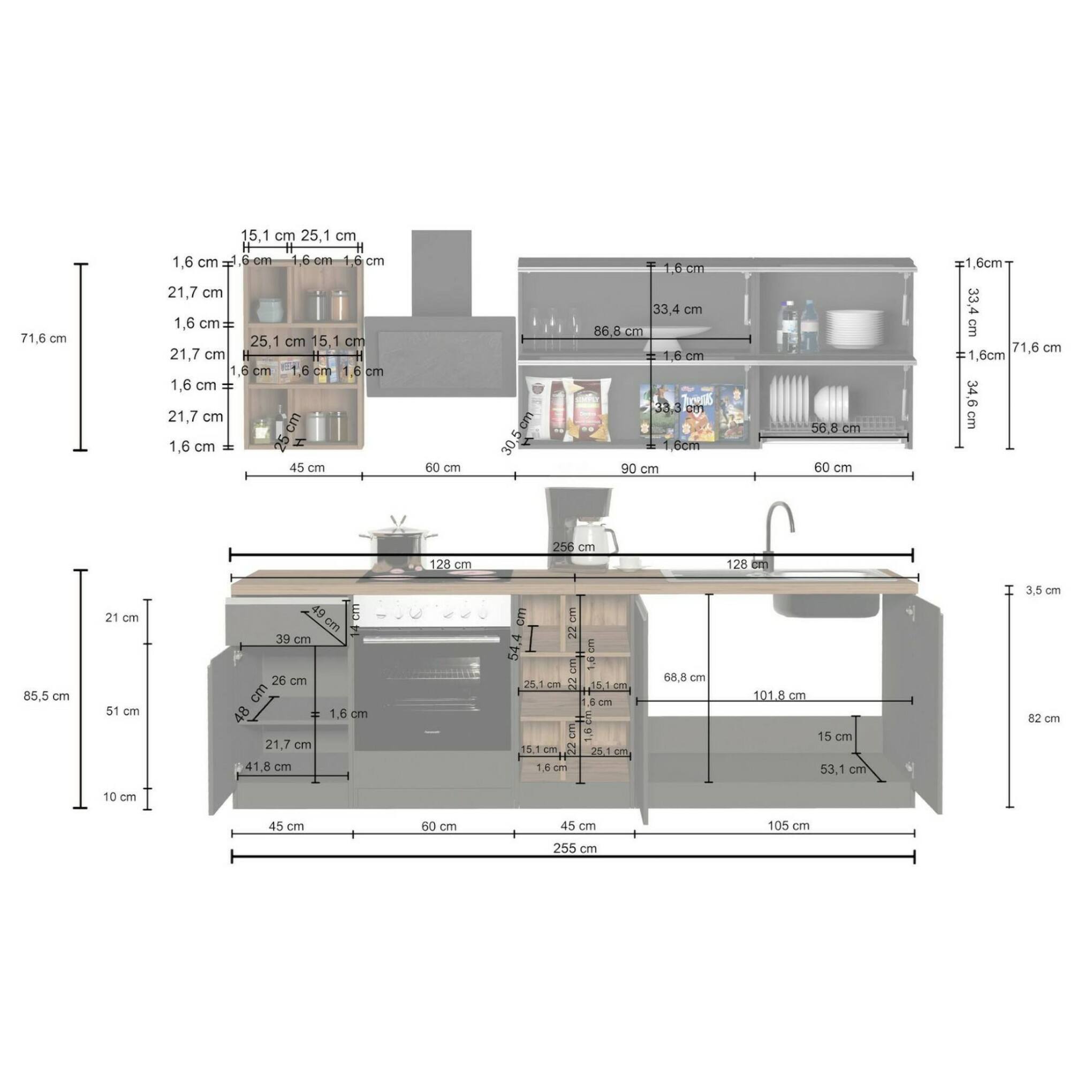 Cucina completa Dcastill, Cucina pratica e salvaspazio, Parete da cucina con 5 ante e 1 cassetto, 100% Made in Italy, 255x60h85 cm, Bianco lucido e Rovere