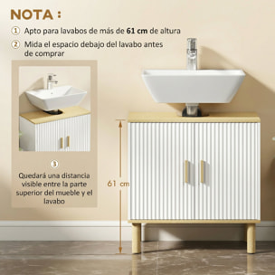Mueble Bajo Lavabo, Mueble de Baño con Estante Ajustable, Puertas Acanaladas y Patas de Madera, para Lavabo sin Pedestal, 60x30x61 cm, Blanco