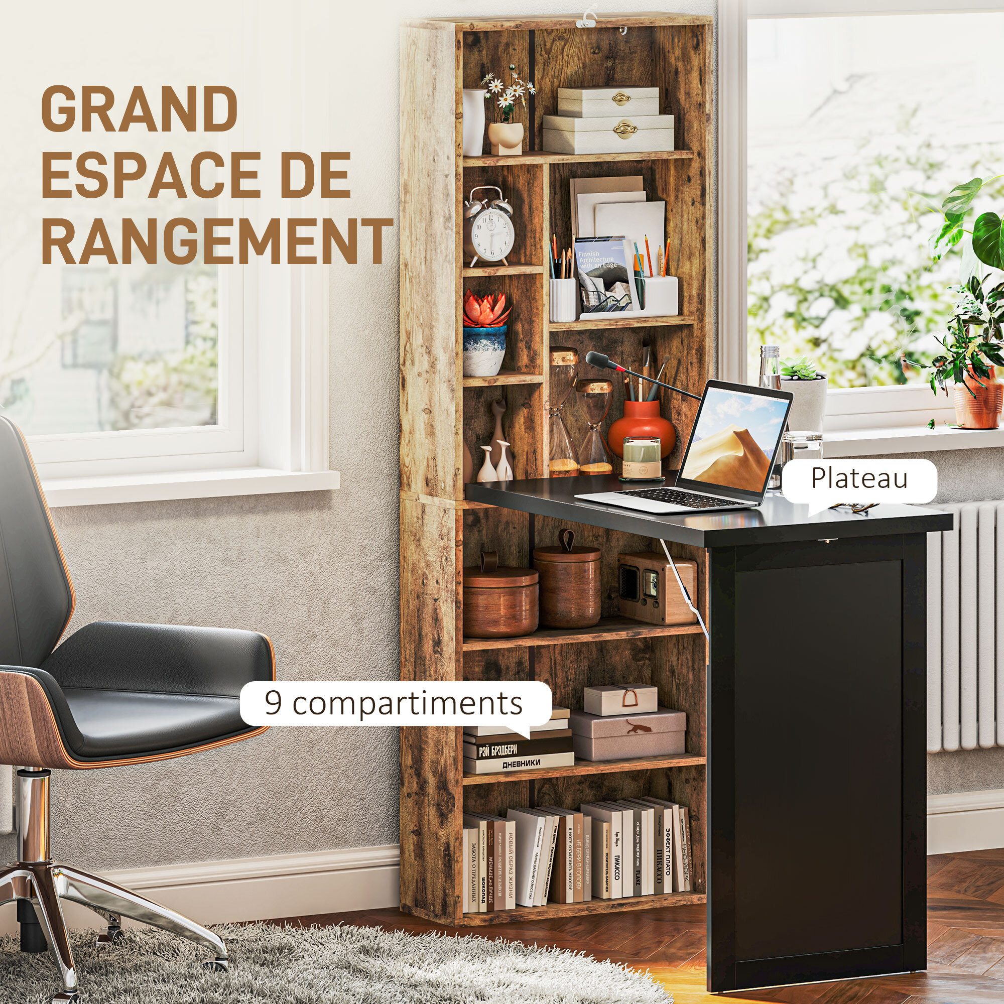 Bureau mural pliable table murale rabattable suspendue sur pied avec bibliothèque tableau à craie intégré panneaux particules bois