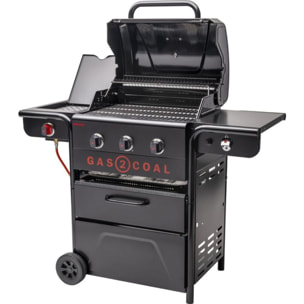 Barbecue gaz CHAR BROIL Gas2Coal 2.0 Special Edition,sur chariot, 4 brûleurs dont 1 latéral, surface de cuisson 64 x 45 cm