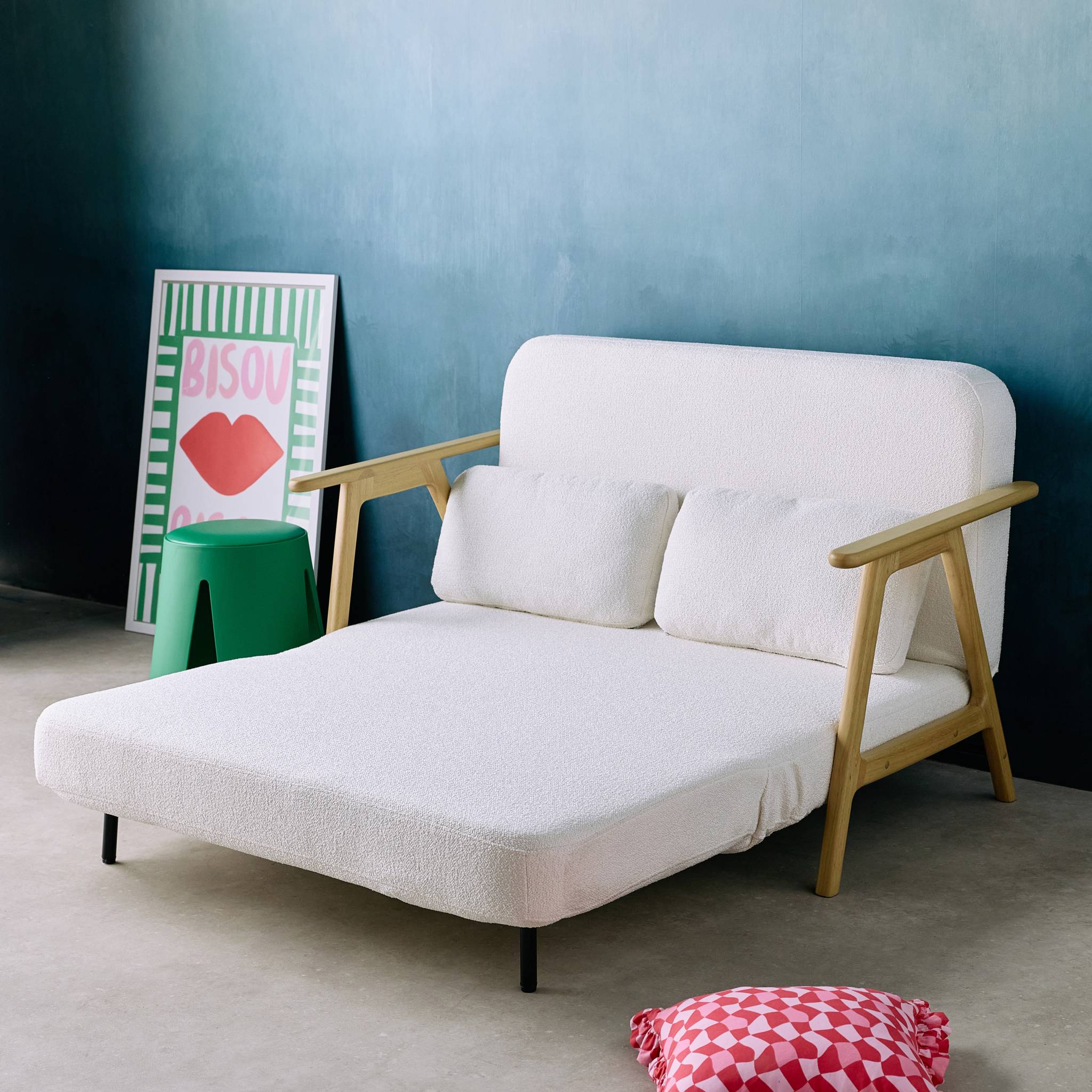 Banquette canapé convertible 2 places bois d'hévéa et bouclette texturée crème L 133 x P 81 x 84cm - Sven