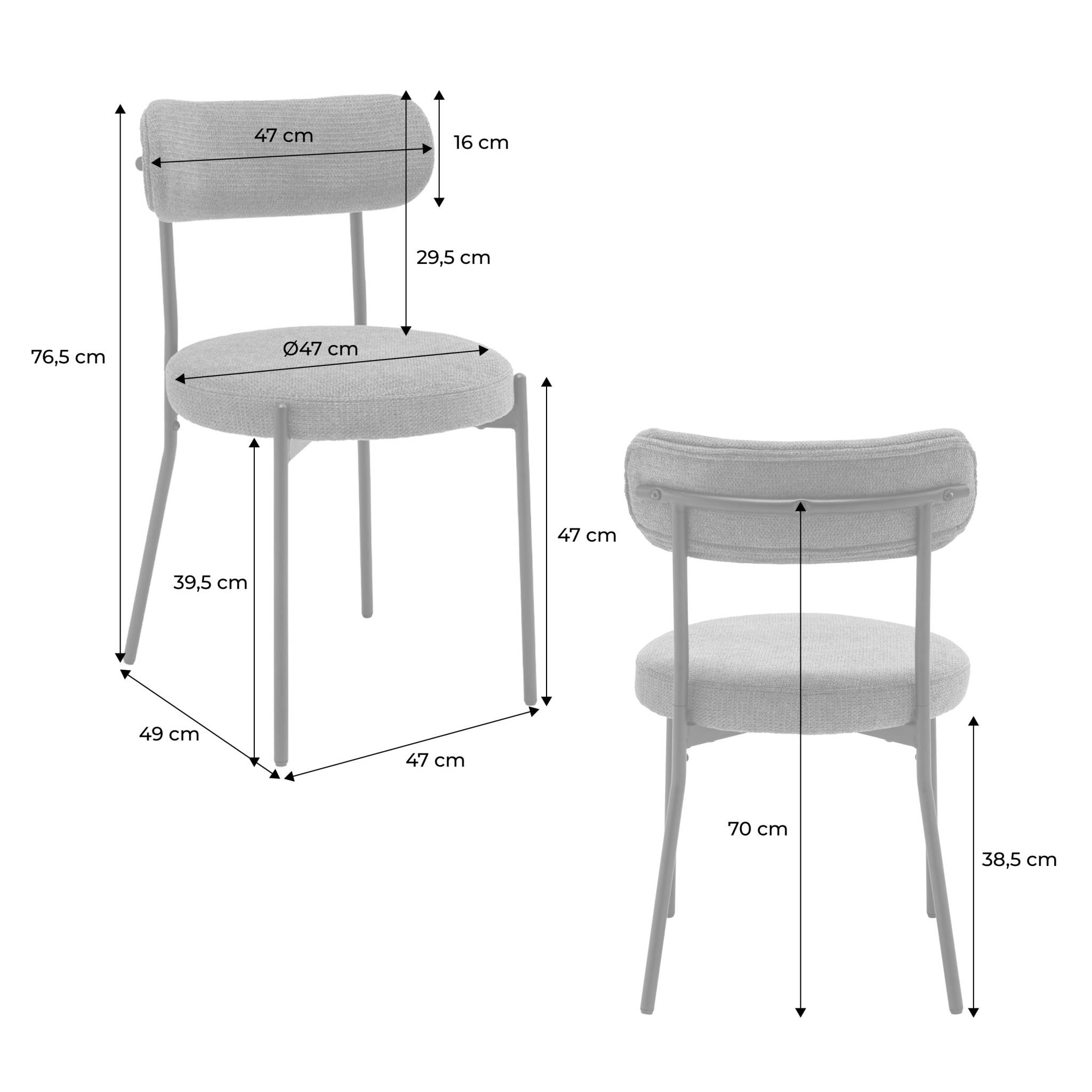 Lot de deux chaises métal et tissu chenille blanc L 47 x P 49 x H 76.5cm - Livia